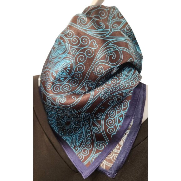 Silk Square Scarf Brown & Turquoise Paisley Design 20"x20" Elegant Soft Handkerc - Picture 4 of 12